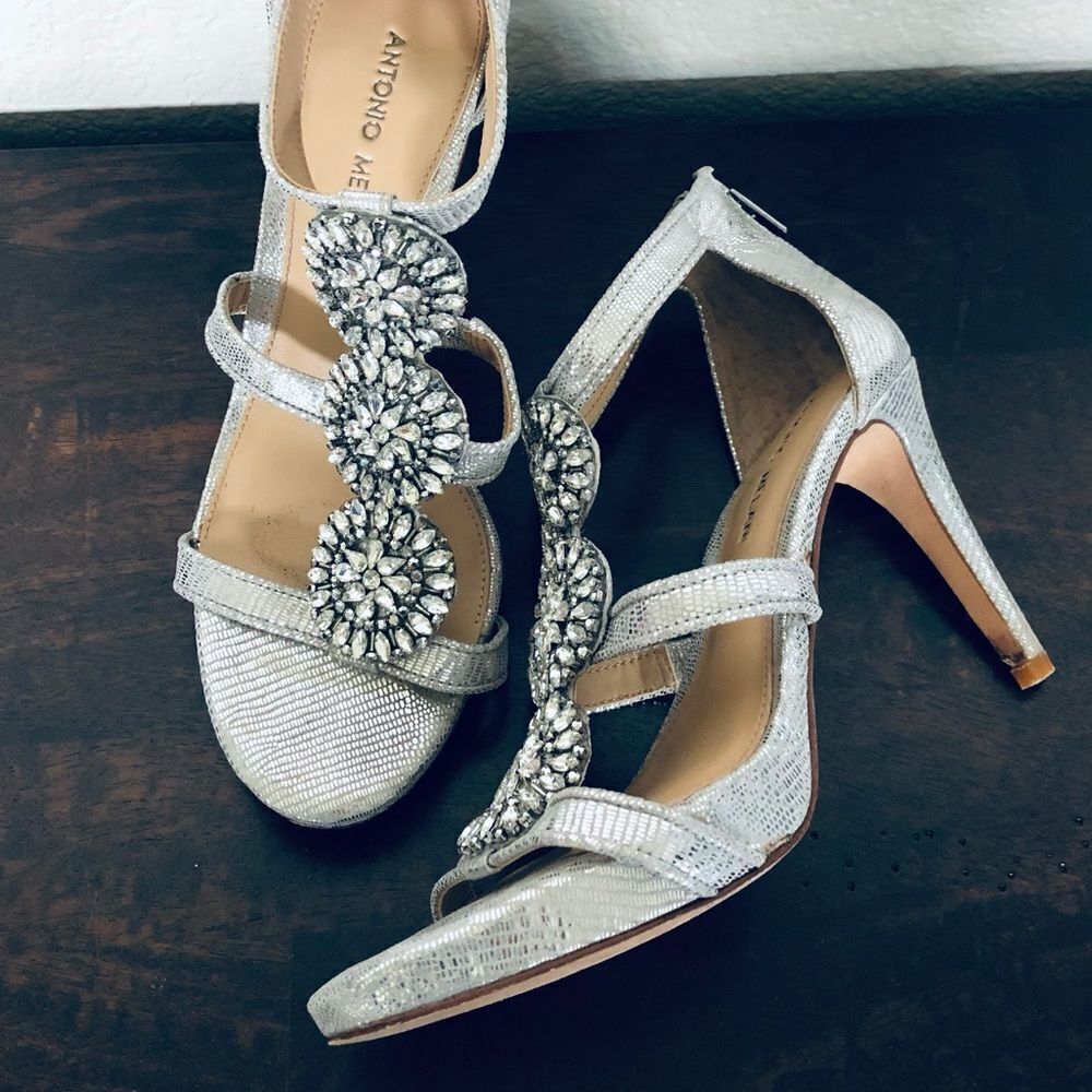 Antonio Melani Crystal Jewel Metallic Silver Strappy Heels 8